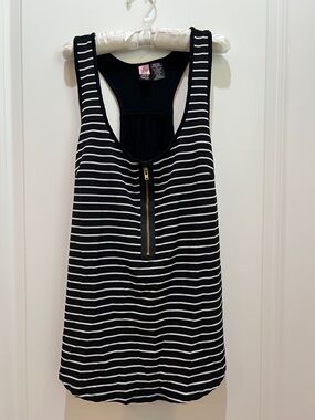 love on a hanger Black and White Striped Racerback Tank with Gold Zip